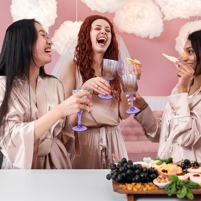 24 Pcs Plastic Purple Wine Drinking Glasses, Plastic Water Goblets Purple Vintage Reusable Drinkware Vintage Champagne glassware for Wedding Reception Grand Event Party, 7oz