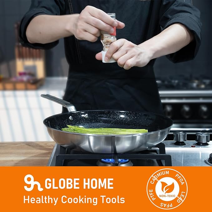 10 Inch Ceramic Non Stick Frying Pans - 5 Ply Stainless Clad Nonstick Skillet, Toxic, PTFE & PFOA FREE, Professional Cookware for Induction, All Stoves and Oven up to 650°F