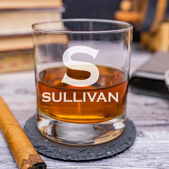 Blue Ridge Mountain Gifts - Custom Engraved Whiskey Glass - 11 oz Personalized Tumbler with Modern Monogram & Last Name - Classic Barware for Weddings, Groomsmen, Anniversaries & Father’s Day (2)