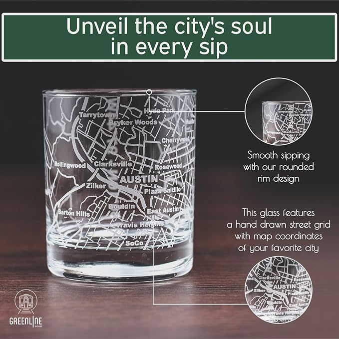 Greenline Goods Whiskey Glasses - 10 Oz Tumbler Gift Set for Austin lovers, Etched with Austin Map | Old Fashioned Rocks Glass - Set of 2