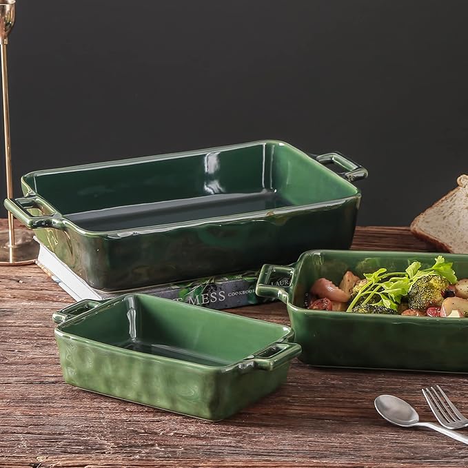 VICRAYS Ceramic Bakeware Set, Porcelain Rectangular Baking Dish, Baking Pan Lasagna Pans Casserole Dish Set for Cooking, Kitchen, Cake Dinner, Banquet and Daily Use, 3 PCS, 15 x 8.5 Inches(Green)