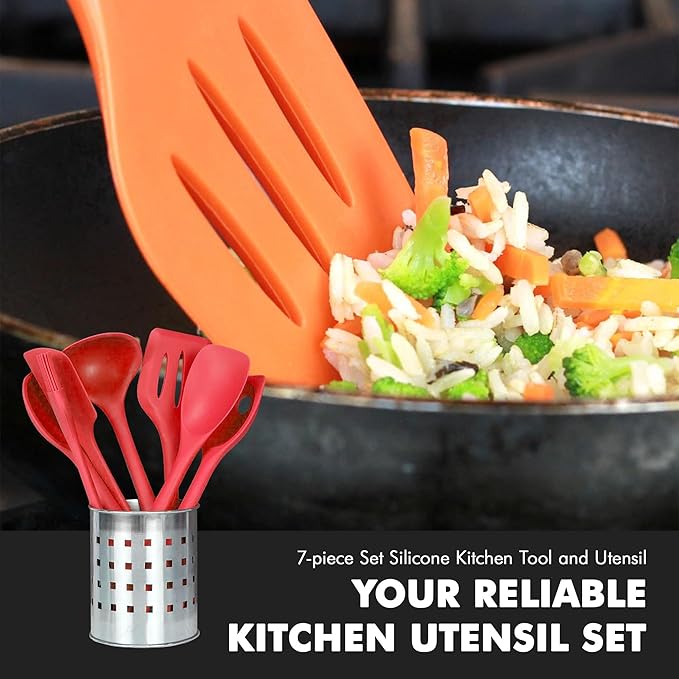 Chef Craft 42077 7 Piece Silicone Kitchen Tool and Utensil Set, Red