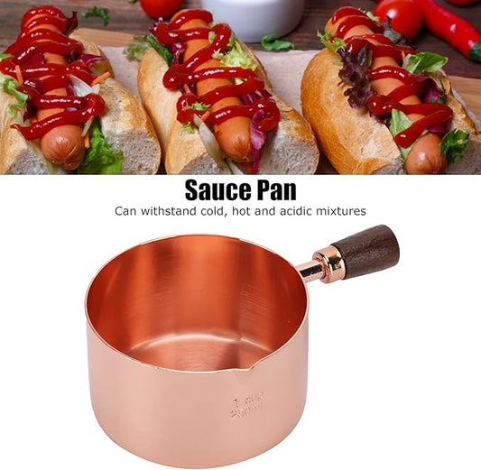Mini Sauce Pan, Stainless Steel Butter Warmer with Pour Spout and Wooden Handle Rose Gold Melting Pot for Making Sauces, Chocolate Melting, Coffee Tea Soup Warming(1cup)