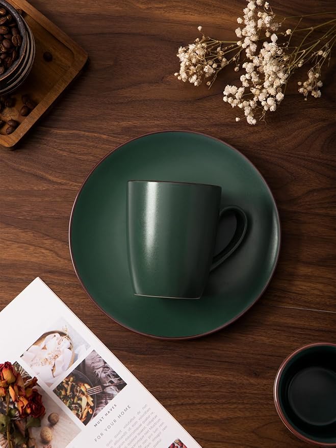 famiware Venus Coffee Mugs for 6, 14 oz Mug Set, Dringking Cup with Handle for Coffee, Tea, Cocoa, Milk, Dark Green