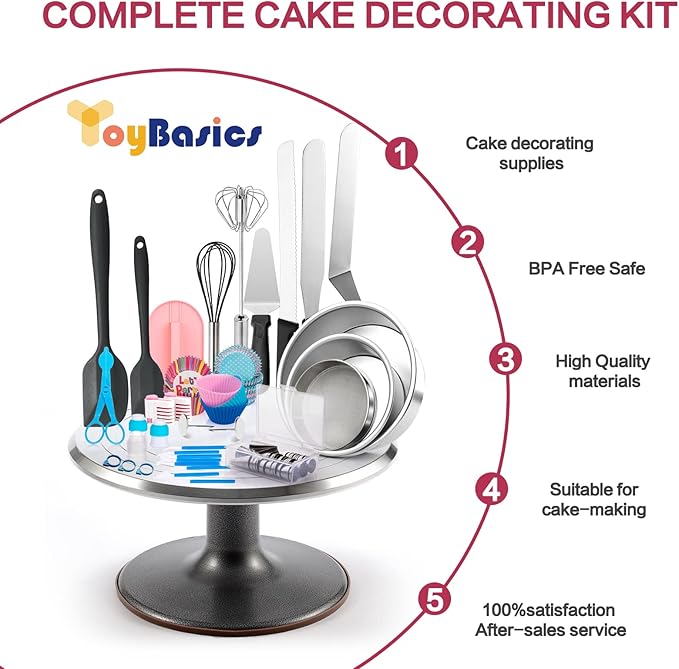 Aluminum Alloy Revolving Cake Stand & Carrier - 268PCS Kit with 54 Piping Tips, Acrylic Cake Discs, Various Spatulas