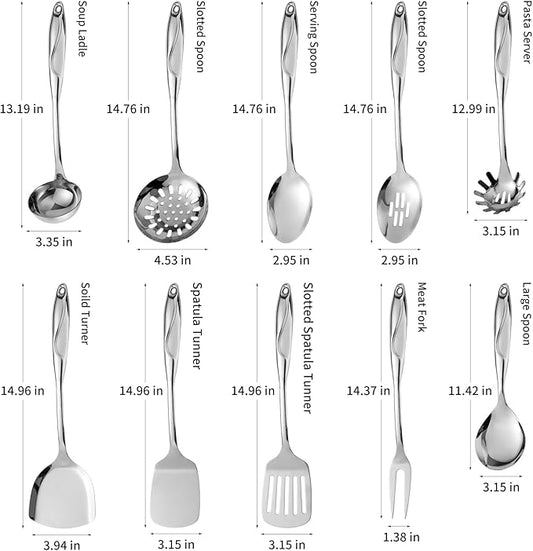 304 Stainless Steel Kitchen Utensils Set, 10 Pcs Metal Cooking Utensil, Mirror Polished Kitchen Gadget Cookware and Kitchen Tool Set, Dishwasher Safe