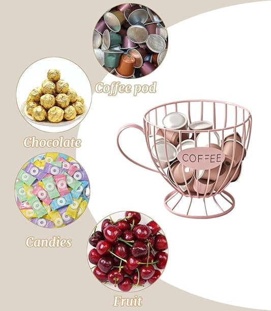 Metal Coffee Pod Holder Wire Coffee Pods Storage Basket Espresso Capsule Storage for Home Kitchen Cafe Hotel (Pink cup)