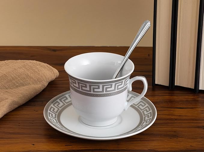 Luxurious Porcelain Tea Set - 8 Piece Vintage Tea Party Set - White with Silver Greek Key Design - 5.5 Inch Saucers, 6.5 oz Cups - For Every Day Use or Formal Occasions (Meander Silver 3008, 8 Piece)