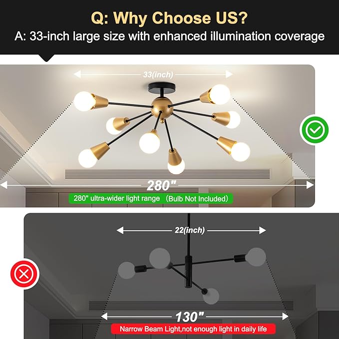 Modern Sputnik Ceiling Light Fixture,8-Lights Black and Gold Sputnik Chandeliers, Industrial Metal Semi Flush Mount Ceiling Light Fixture for Bedroom Hallway Entryway Kitchen