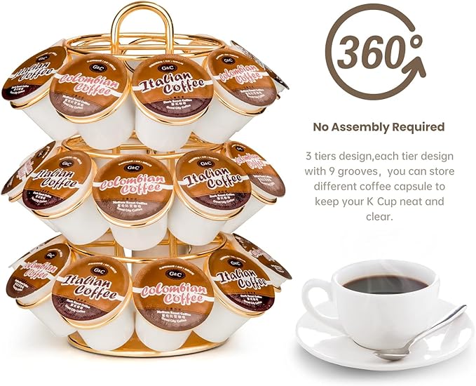 Coffee Pod Holder, K Cup Holders Carousel Organizer ,27 Coffee Pods Storage Compatible with K Cups, Spins 360-Degrees, Modern Gold Design ，Round,Shining Gold,3 Tier Home or Office Kitchen Counter Organizer