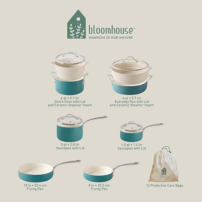 Bloomhouse 12 Piece Aluminum Pots and Pans Cookware Set w/Non-toxic Ceramic Non-stick, Ceramic Steamer Insert, & 12 Protective Care Bags - Agave Blue