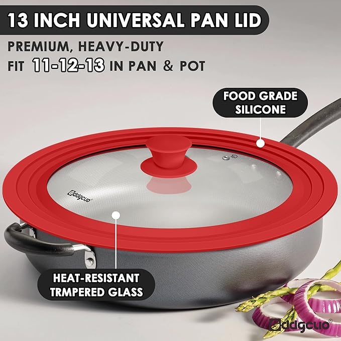 Universal Pan Lids, Silicone Pot lids for Pots, Pans & Skillets - Fits 11", 12" & 13" Diameter Cookware, Replacement Frying Pan lid, Dishwasher Safe (Red)