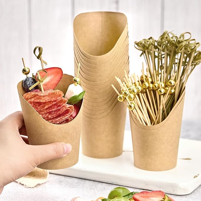 100 Sets 8 oz Small Charcuterie Cups with Sticks, Disposable Kraft Paper Charcuterie Boxes French Fry Holder Individual Appetizer Serving Cup (100 Cups + 400 Cocktail Picks)