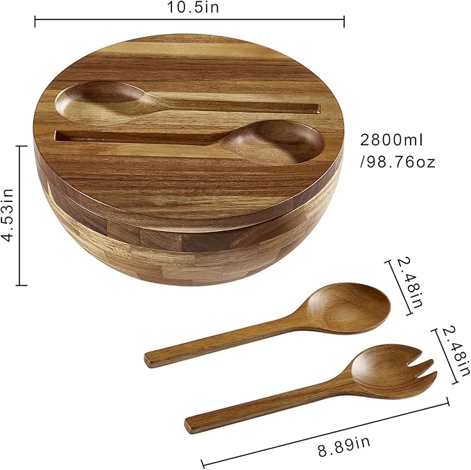 Acacia Wooden Salad Bowl with Lid, Built-in Acacia Wood Utensils, 10.5" Large Wood Serving Bowls for Fruits, Salad, and Vegetables, Big Wood Salad Bowls Set 4-Piece, All-in-One Design