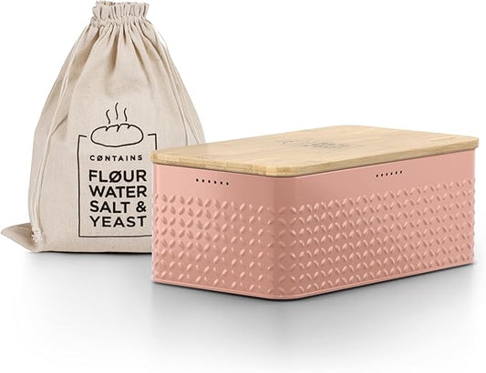 LARS NYSØM Bread Box I Metal Box with linen bag for long lasting freshness I Bread Bin with bamboo lid usable as cutting board I 13.4x7.3x5.3In (Blush Rose)