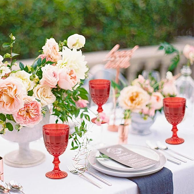 24 Pcs Vintage Wine Glasses, 10 Ounces Colored Glass Water Goblets, Unique Embossed Pattern High Clear Stemmed Glassware Wedding Party Bar Glass Drinking Cups, Floral Red Glasses Set of 24