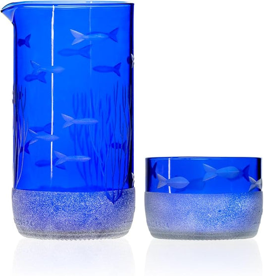 Rolf Glass School of Fish Twice Around Blue Pitcher and Mini Sipper | 13oz Recycled Glass Pitcher & 2” Mini Sipper | Tequila Tasting | Made From Recycled Bottles | Engraved in USA | 2pc + Gift Box Set