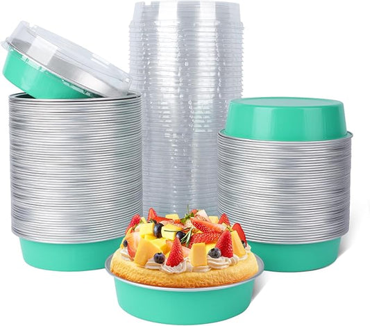 Beasea Mini Pie Pans with Lids, 120 Pack 4 Inch 8oz Disposable Mini Cake Pans Creme Brulee Aluminum Foil Pie Tart Ramekins Tins Elegant Blue Small Individual Round Containers Oven Safe for Baking