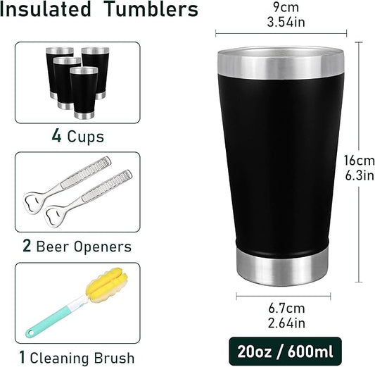 16 oz Insulated Beer Cup Set of 4, Outdoor Tumbler Stackable, Stainless Steel Double Walled Pint Glasses, Cold Mug for Beer, Black, Ideal for Wine Lover, Coffee