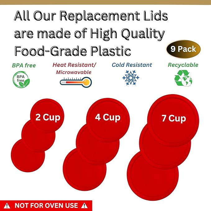 2, 4 & 7 Cup Red Replacement Lids/Covers for Pyrex, Anchor Hocking & KlareWare Storage Bowls *Lids Only Glass Container Not Included* (9 Pack *Three of Each Size*)