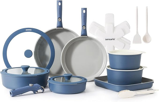 SENSARTE 24 Piece Ceramic Pots and Pans Set, Nonstick Detachable Handle Cookware, Induction Kitchen Cookware Set with Removable Handle, Healthy Non Stick for RV, Dishwasher＆Oven Safe, PFOA Free (Navy)