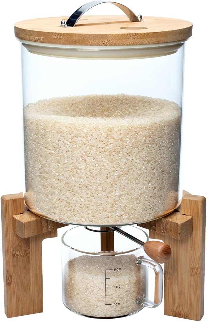 Rice Dispenser, Rice Storage Container, Flour and Cereal Container for Kitchen Organization and Pantry Store, Glass Cereal dispenser with Airtight Lid and Wooden Stand 5L