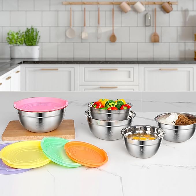 Mixing Bowls with Lids Set - 5 PCS Stainless Steel Mixing Bowls - Mixing Bowl Set with Lids for Kitchen, Size 4.4, 3.6, 2.7, 2.1,1.5QT, Ideal for Baking, Prepping, Cooking and Serving Food