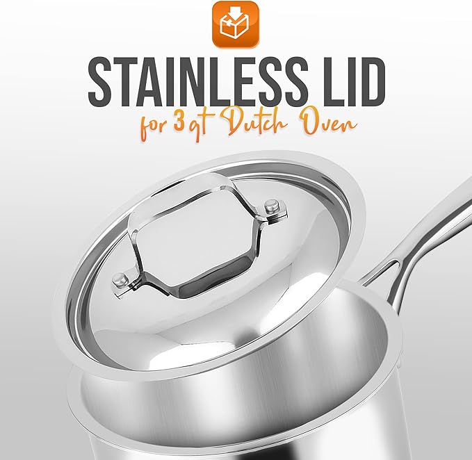 Nutrichef Stainless Steel Saucepan Lid - Sturdy and Durable Stain-Resistant 3 Quart Kitchen Cookware Saucepot Lid w/ Handle - Works w/ Kitchenware Pots & Pans Set Model NCSSX45