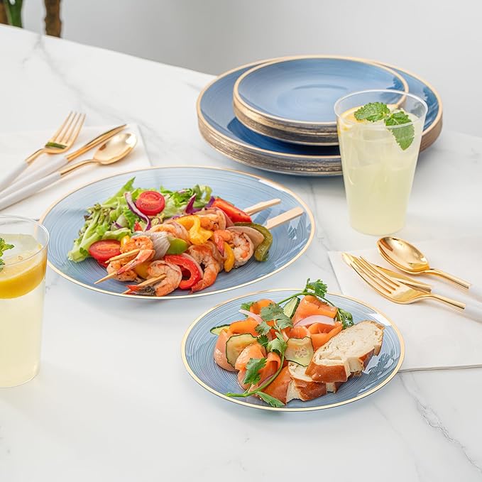 Restaurantware Plastic Plates 200 Pcs 7.13" and 10" Combo Gold Rimmed Plate Set Disposable Heavy-Duty Blue Translucent Rippled Plastic Dinner Servers for Party, Weddings, Salads, Desserts