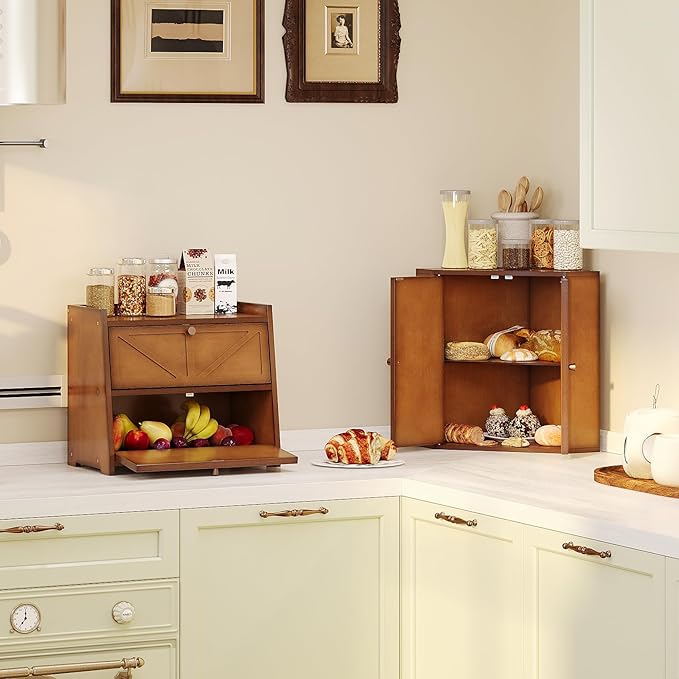 Corner Bread Box for Kitchen Counter Double Layer Bamboo Bread Storage Container Large Capacity Bread Storage Bin Farmhouse Breadbox Organizer (Antique Brown)