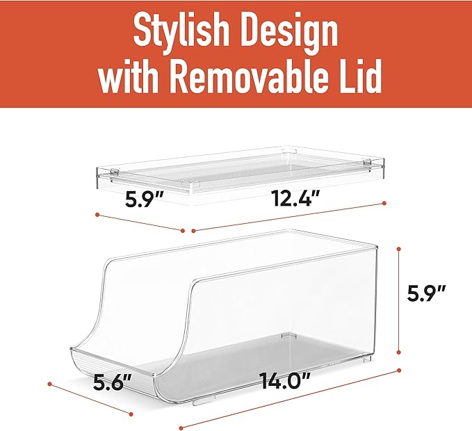 Set of 2 Stackable Drink Can Organizer for Fridge, Freezer, Kitchen, Countertops, Cabinets - Soft Drink Holder for Refrigerator with Lid, Soda Can Dispenser, BPA Free, Holds 9 Cans Each