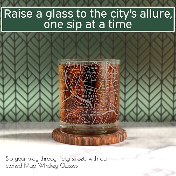 Greenline Goods Whiskey Glasses - 10 Oz Tumbler Gift Set for Austin lovers, Etched with Austin Map | Old Fashioned Rocks Glass - Set of 2