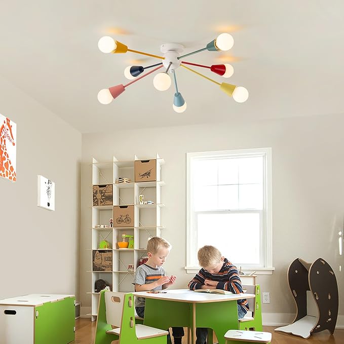 Colorful Chandelier, 8-Light Modern Sputnik Chandelier, Kids Ceiling Light with Multi Color Rainbow Semi Flush Mount Ceiling Lights for Living Room Dining Room Bedroom Playroom E26 Base