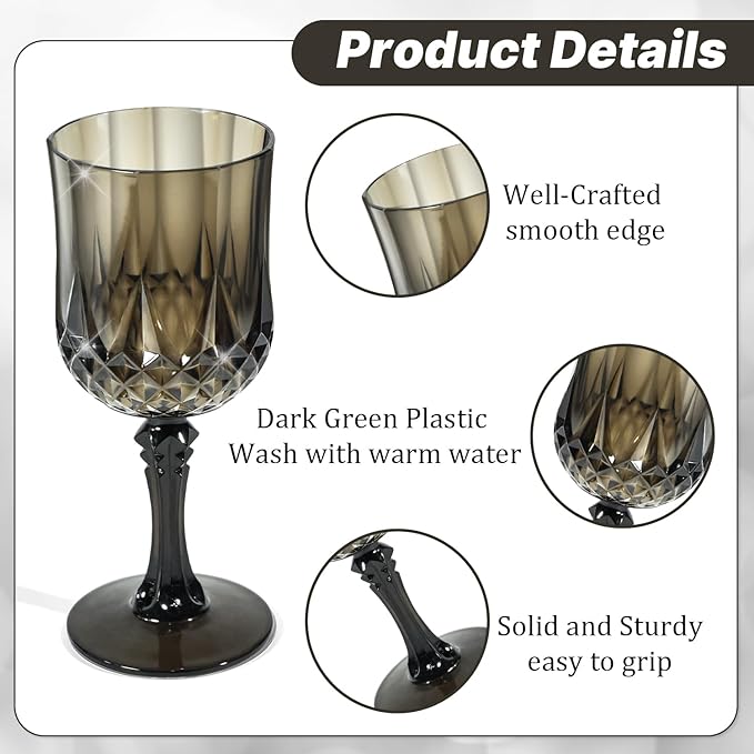 48 Pcs Black Wine Glasses, Plastic Goblets Vintage Style Cordial Drinking Glasses, Vintage Black Drinking Glasses Champagne Glassware for Wedding Reception Grand Event Party, 7Oz
