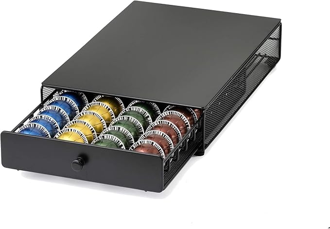Nifty Vertuoline Rolling Coffee Pod Drawer – Satin Black Finish, 40 Pod Capsule Holder, Compact Under Coffee Pot Storage, Office or Home Kitchen Counter Organizer