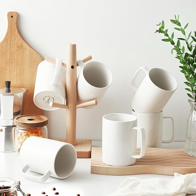 Jassceram Coffee Mugs Set of 6, 18 Ounce Porcelain Mugs for Latte, Hot Tea, Cappuccino, Cocoa and Milk, Ceramic Coffee Cups with Large Handle - Dishwasher & Microwave Safe, White