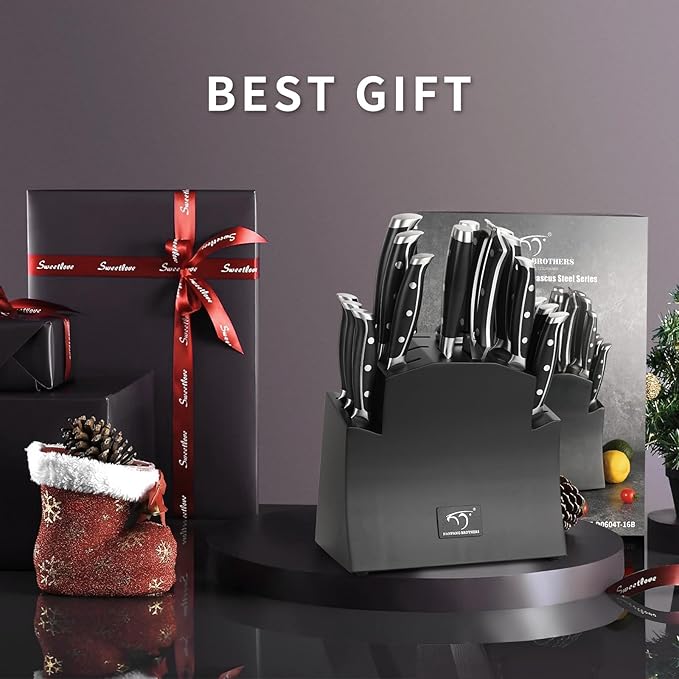 16-Piece Damascus Knife Set with Block - VG10 67-Layer Steel, Razor Sharp, Triple-Rivet Handles, 6 Steak Knives, Meat Fork, Sharpener & Scissors, Black