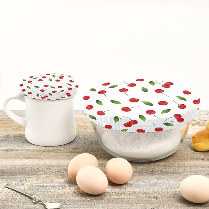5 Pcs Bowl Covers Reusable in 5 Size Elastic Food Cover Cloth Lids Fresh Keeping Dish Cookware Bakeware Fabric Covers Lids for Food Leftovers Fruits Storage Cherries Fruit White