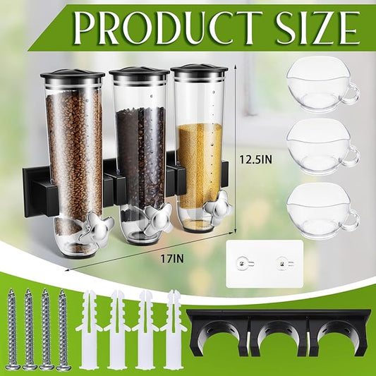 Umigy 1 Pcs Candy Dispenser Wall Mounted, Triple Dry Cereal Grain Dispenser Machine Wall Mount, Food Storage Container for Pantry Snack with 3 Cup for Kitchen, 39 oz (Black)