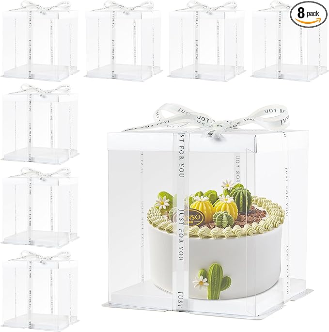 8 Packs Tall Cake Boxes with Ribbon ,10x10x9 inches Bakery Boxes ,White Multi-Layer Cake Containers for Birthday,Wedding,Halloween(White, 10*10*9inch/8pcs)