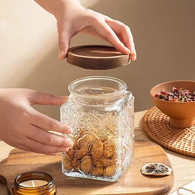 Snminetal Vintage Glass Airtight Storage Jar Set of 4, With Airtight Wood Lid, Kitchen Food Storage Containers,for Kitchen Counter, Pantry, Tea, Sugar,Coffee,Food Storage Jar(Plum pattern)