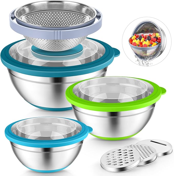 P&P CHEF Mixing Bowls with Lids Set of 3, Stainless Steel Mixing Bowl and Colander for Kitchen, 3 Grater Attachments & Non-Slip Bottoms, Visible & Airtight Lid, Multicolor