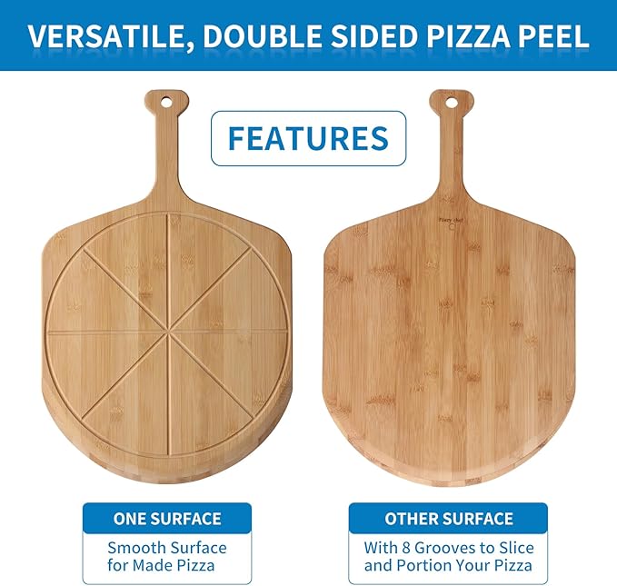 12” Bamboo Pizza Peel - Lightweight Smooth Wooden Pizza Paddle and Pizza Cutting Board with 8 Slice Grooves, Outdoor Pizza Oven Accessories, 17.3 Inch x 12.2 Inch