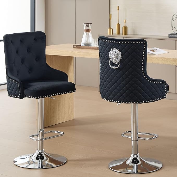 Velvet Barstools Set of 2, Modern Counter Height Adjustable Swivel Stools Chairs with High Tufted Backrest Chrome Base Lion Head Pull Ring Diamond Pattern Rivet Trim for Kitchen (Black)