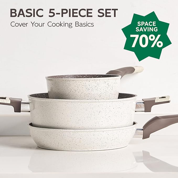 5Pcs Non Stick Pots and Pans Set | Ceramic Cookware Set with Stay-Cool Handles | PFAS-Free, Kitchen Utensils Set Pefect for Daily Cooking