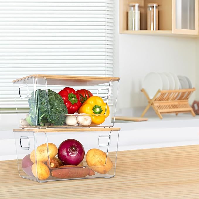 2 Set Pantry Organizer and Storage, Stackable Trash Bag Dispenser Clear Acrylic Kitchen Counter Pantry Baskets for Potato, Onion, Produce, Fruit, Vegetable, Snack, Trash Bag Holder with Bamboo Lid