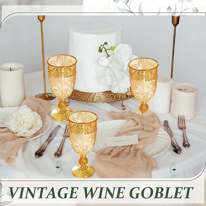 6 Pcs Plastic Goblets 7.5oz Vintage Goblet Plastic Wine Glasses Colored Retro Embossed Water Goblets for Wine Bar Juice Baby Shower Wedding Reception Grand Event Party (Amber)