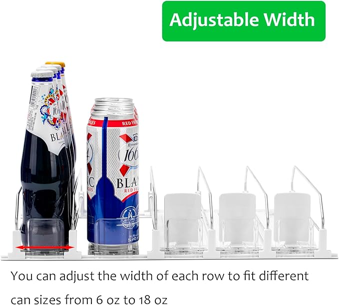 RULA Drink Organizer for Fridge, Self-Pushing Soda Can Dispenser for Mini Refrigerator, Width Adjustable Water Bottle Pusher Glide, White, 5 Rows,12.2” D