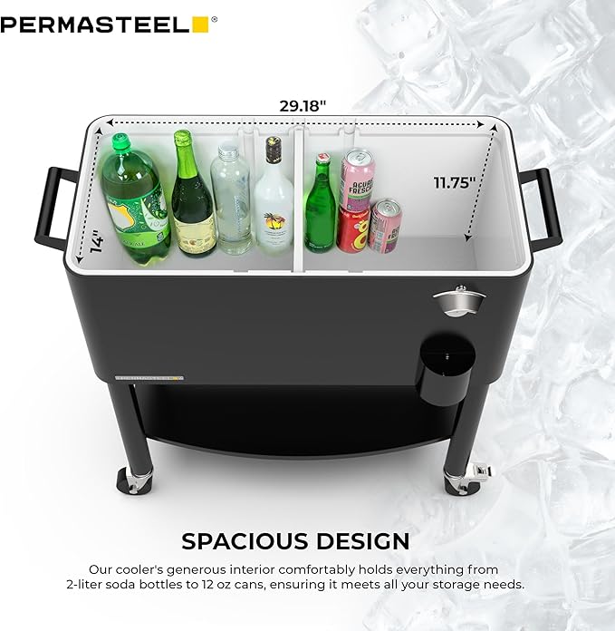 Permasteel 80 Quart Party Cooler, Rolling Ice Chest with Wheels and Handles for Indoor Outdoor Patio