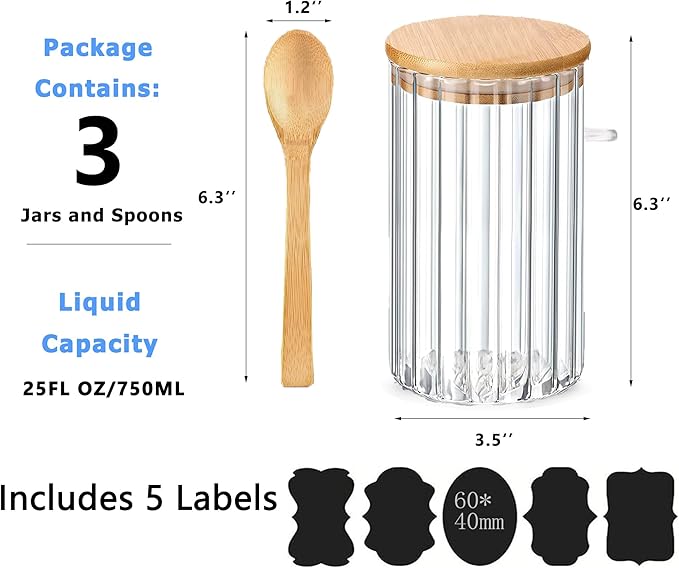 25 FL OZ Airtight Glass Jars with Bamboo Spoons Lids Overnight Oats Container Decorative Coffee Bar Food Storage Jar Cereal Nuts Salts Coffee Tea Flour Sugar Container Spice Jars